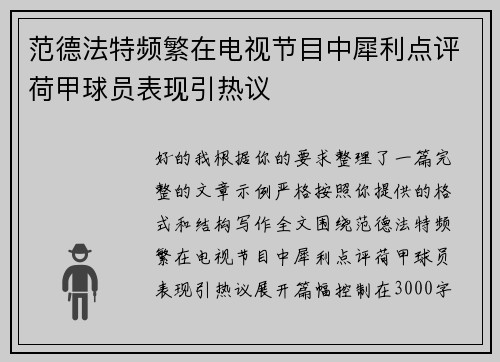 范德法特频繁在电视节目中犀利点评荷甲球员表现引热议